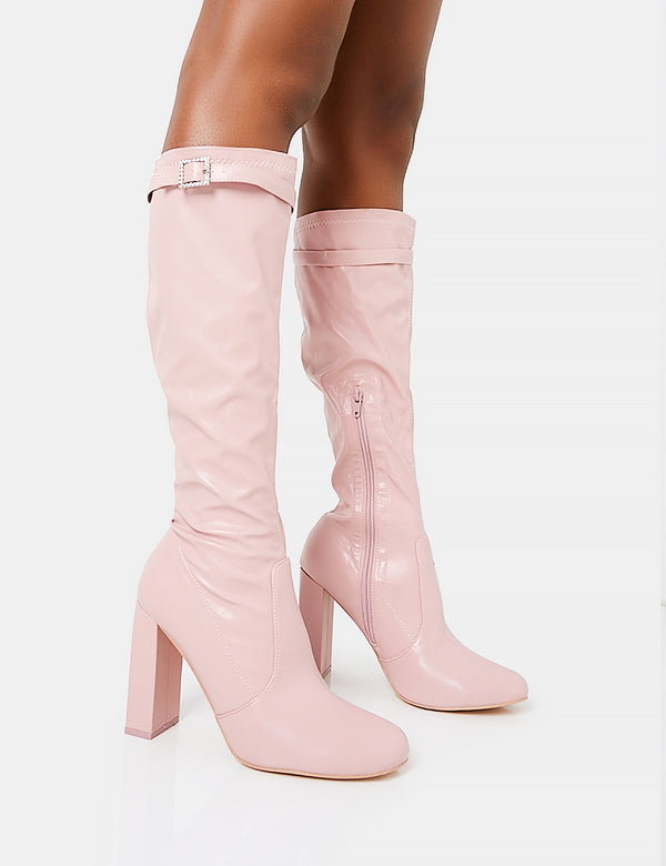public desire First Class Dusty Pink Buckle Strap Knee High Block Heeled Boots