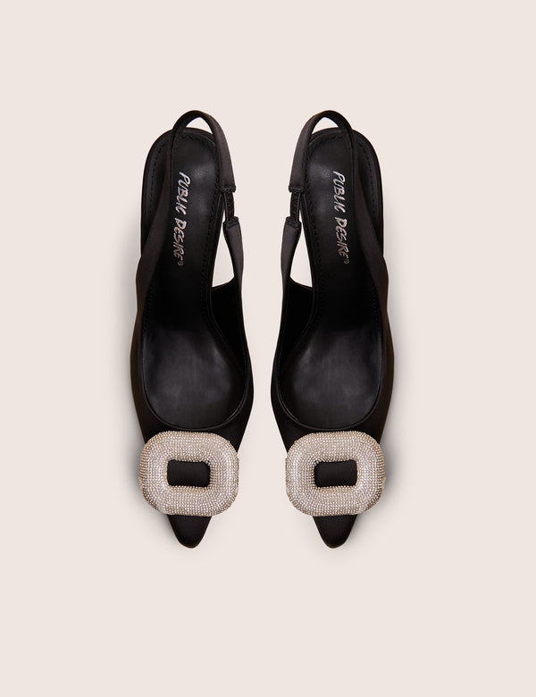 Public Desire Floss Black Satin Diamante Embellished Sling Back Court Heels