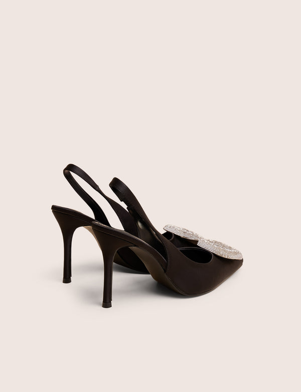 Public Desire Floss Black Satin Diamante Embellished Sling Back Court Heels
