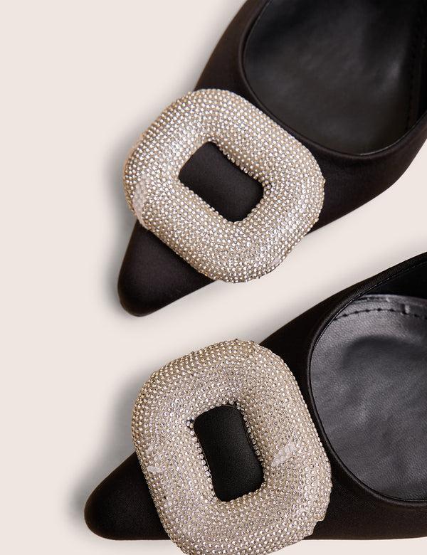 Public Desire Floss Black Satin Diamante Embellished Sling Back Court Heels