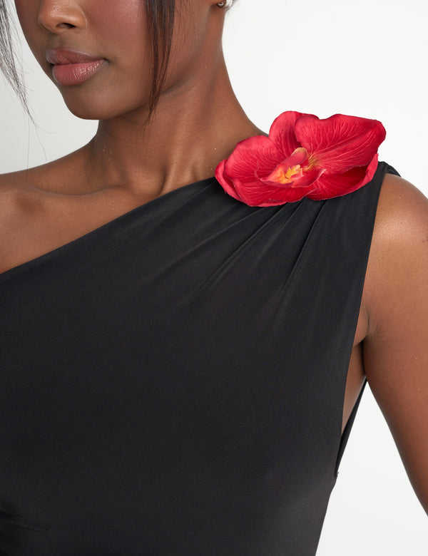 Public Desire Flower Trim Dropped Shoulder Luxe Slinky Maxi Dress Black