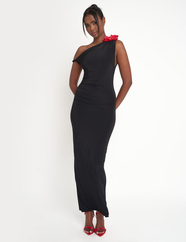 public desire Flower Trim Dropped Shoulder Luxe Slinky Maxi Dress Black