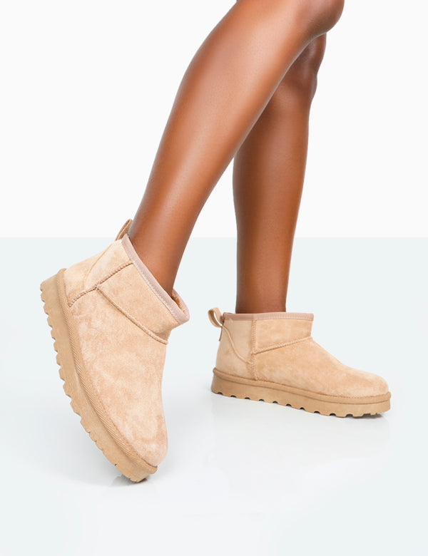 Public Desire Flurry Beige Faux Suede Ultra Mini Ankle Boots