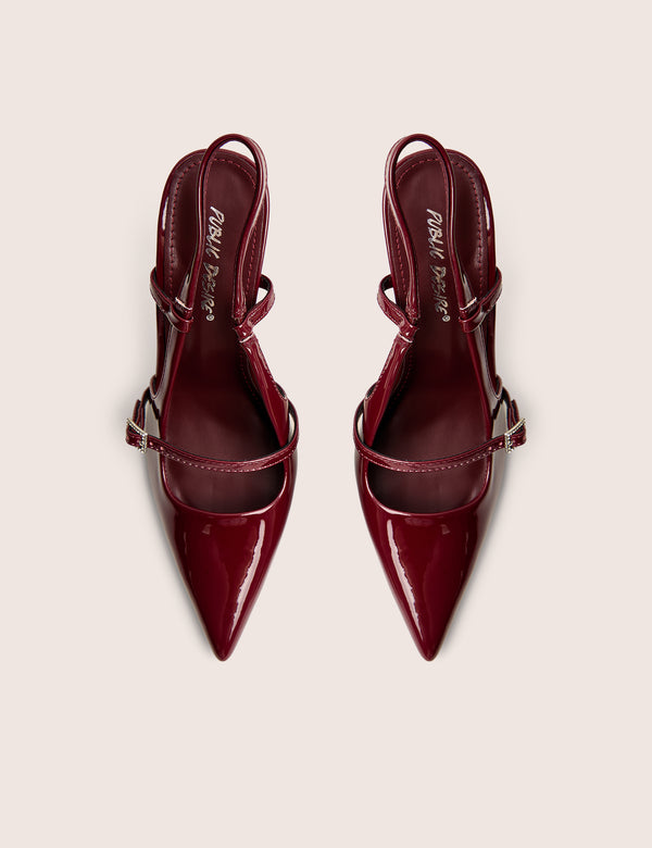Public Desire Forget Me Not Burgundy Embellished Buckle Detail Sling Back Court Heels