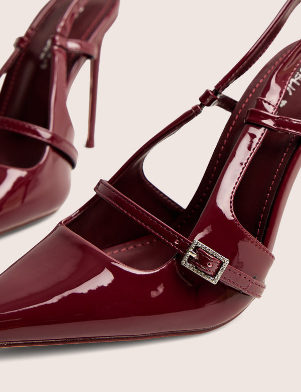 Public Desire Forget Me Not Burgundy Embellished Buckle Detail Sling Back Court Heels