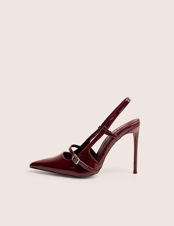 public desire Forget Me Not Burgundy Embellished Buckle Detail Sling Back Court Heels