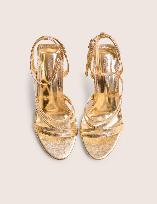 Public Desire Free Spirit Gold Strappy Round Toe Mid Heels