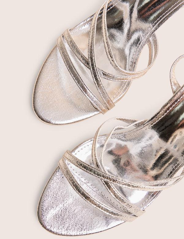 Public Desire Free Spirit Silver Strappy Round Toe Mid Heels