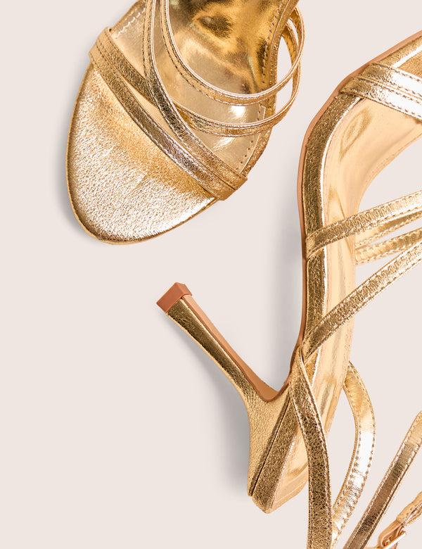 Public Desire Free Spirit Wide Fit Gold Strappy Round Toe Mid Heels