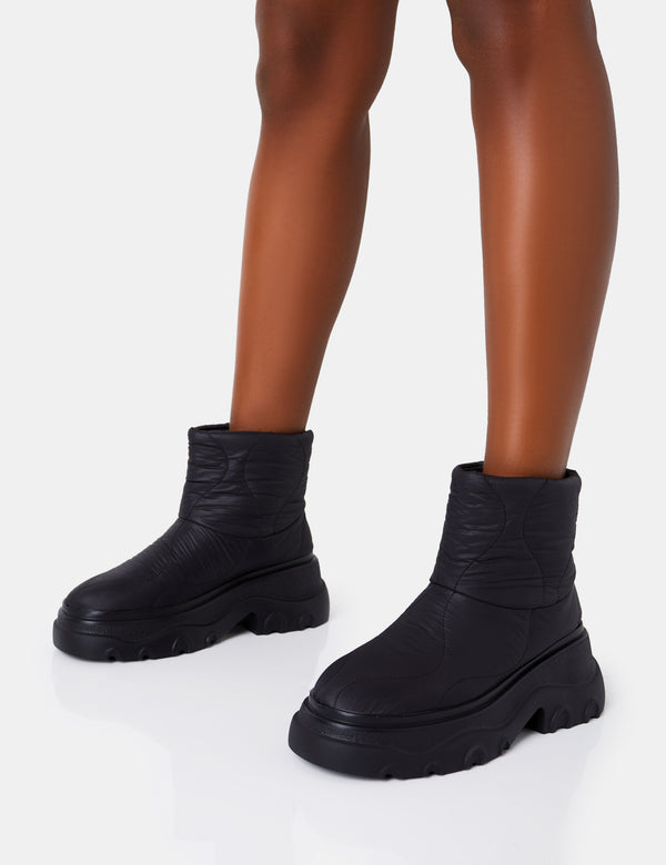 Public Desire Frostbite Black Nylon Quilted Chunky Sole Ankle Boots
