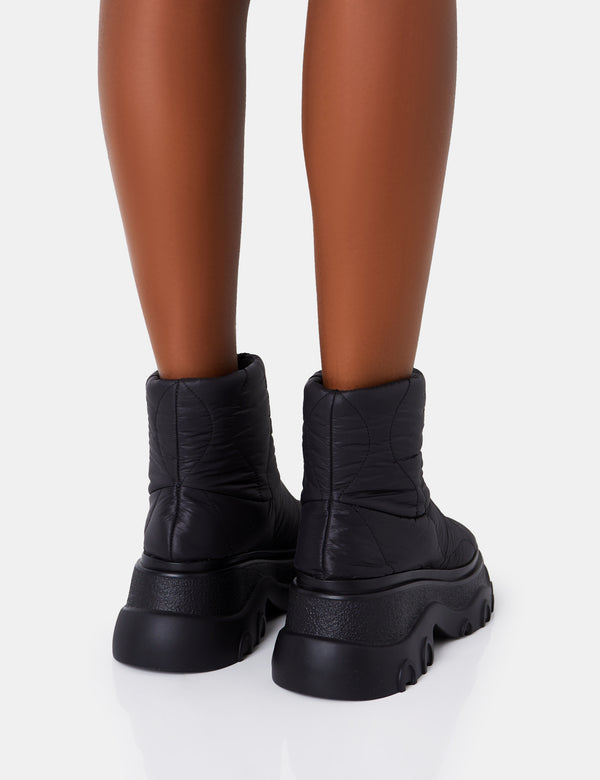 Public Desire Frostbite Black Nylon Quilted Chunky Sole Ankle Boots