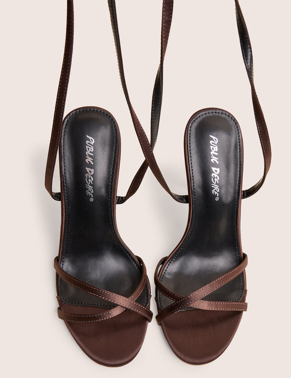 Public Desire Georgie Brown Satin Strappy Diamante Buckle High Heels