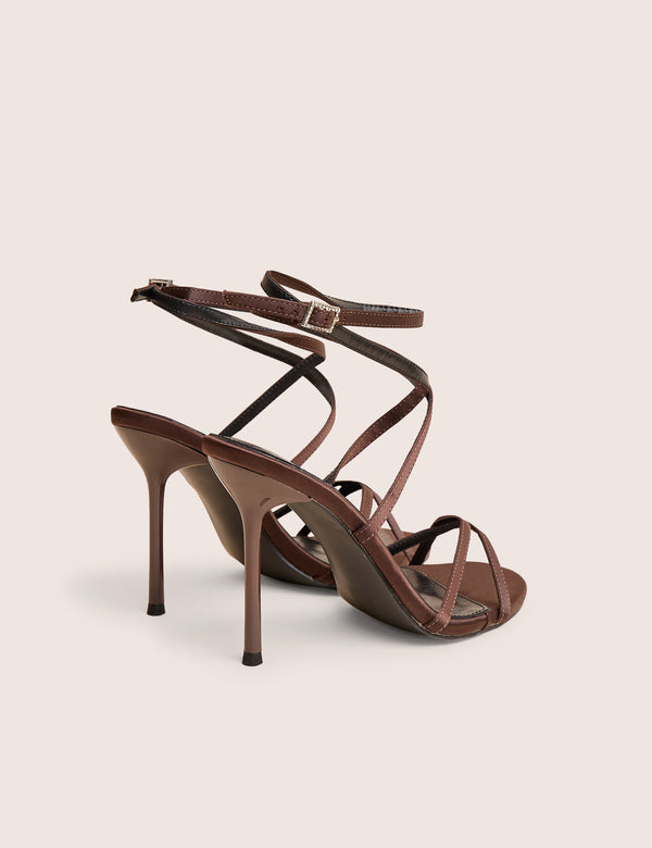 Public Desire Georgie Brown Satin Strappy Diamante Buckle High Heels