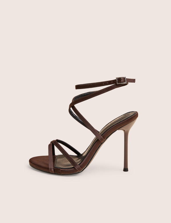 public desire Georgie Brown Satin Strappy Diamante Buckle High Heels
