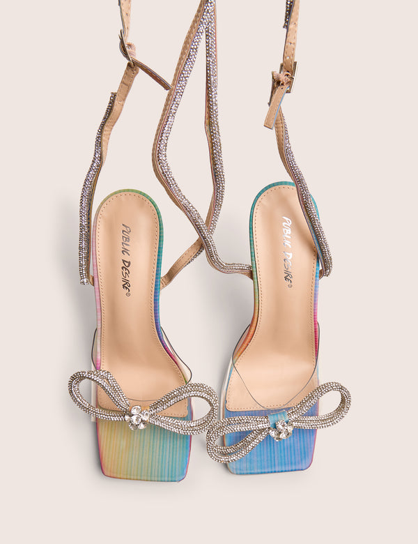 Public Desire Glimmer Multi Holographic Wrap Around Diamante Bow Square Toe Heels