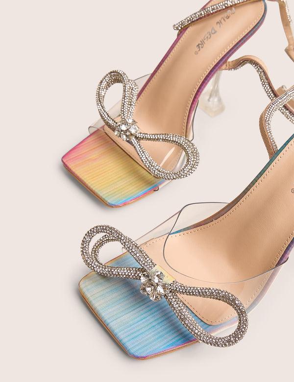 Public Desire Glimmer Multi Holographic Wrap Around Diamante Bow Square Toe Heels