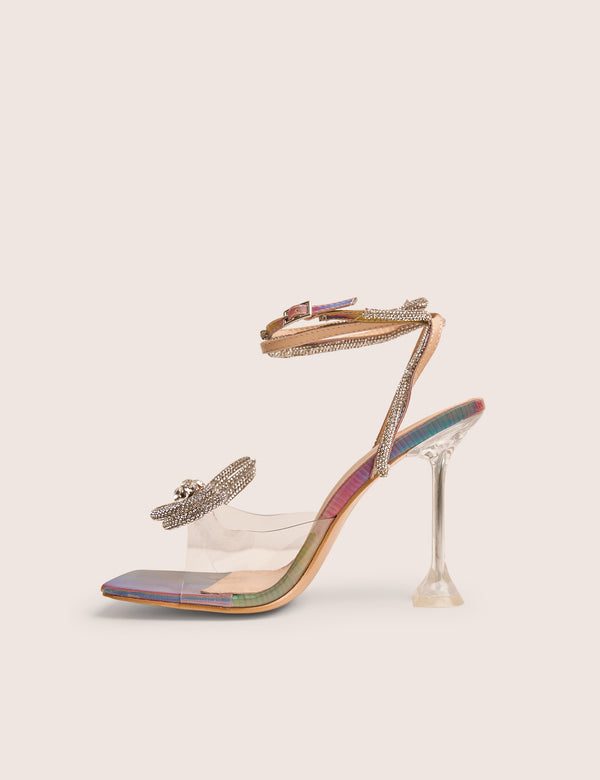 public desire Glimmer Multi Holographic Wrap Around Diamante Bow Square Toe Heels