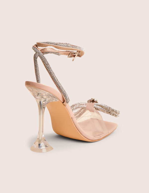 Public Desire Glimmer Nude Wrap Around Diamante Bow Square Toe Heels