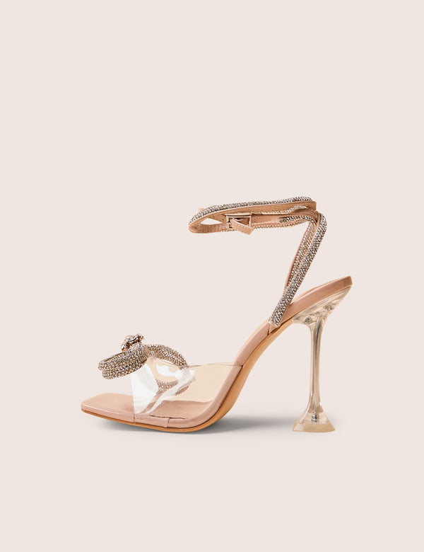 public desire Glimmer Nude Wrap Around Diamante Bow Square Toe Heels