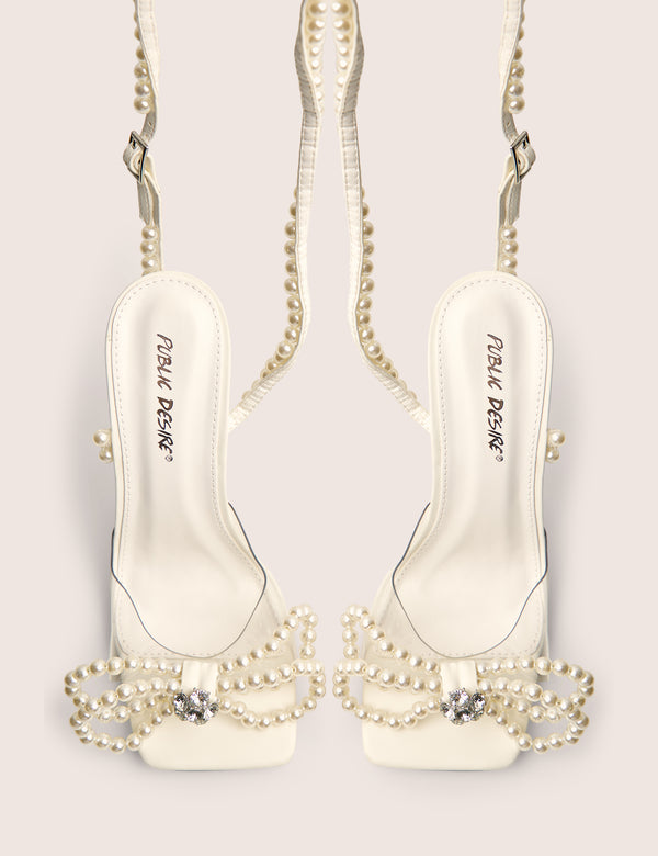 Public Desire Glimmer White Wide Fit Wrap Around Pearl Square Toe Cake Stand Heels