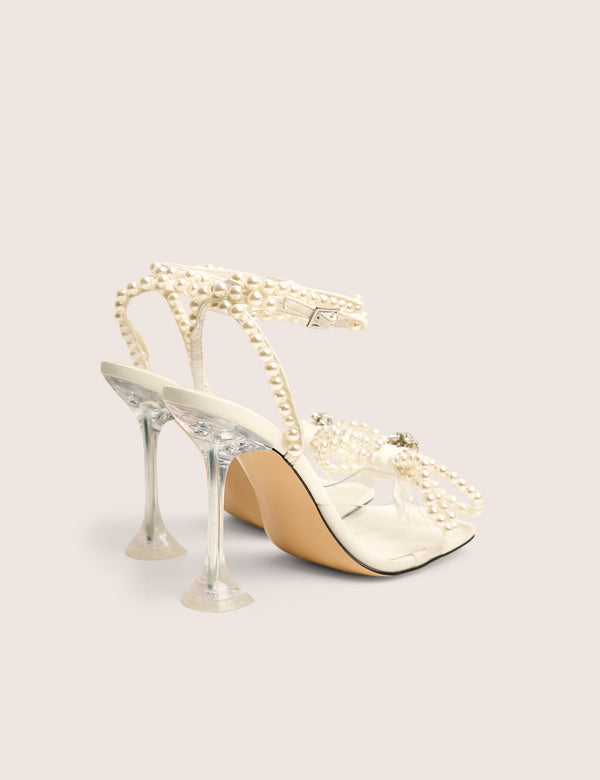 Public Desire Glimmer White Wrap Around Pearl Detail Bow Square Toe Cake Stand Heels