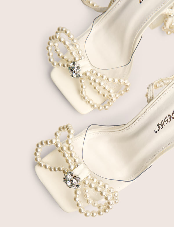 Public Desire Glimmer White Wrap Around Pearl Detail Bow Square Toe Cake Stand Heels