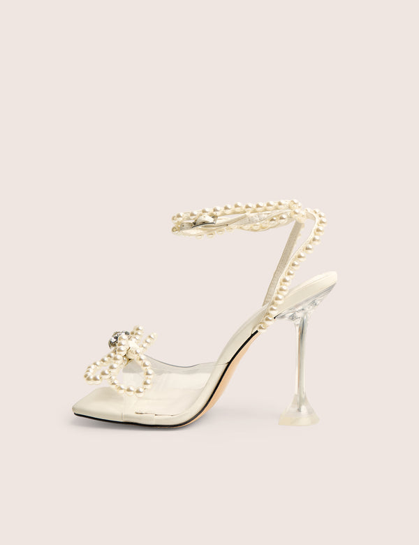 public desire Glimmer White Wrap Around Pearl Detail Bow Square Toe Cake Stand Heels