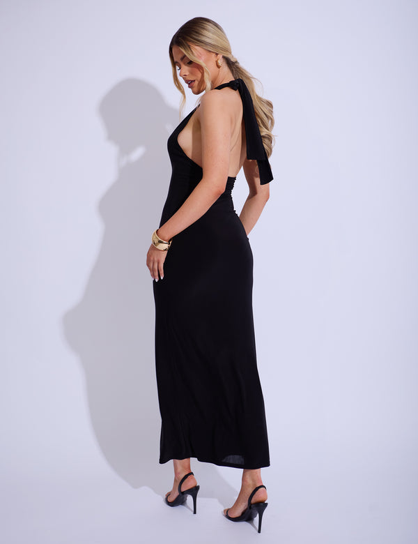 Public Desire Gold Trim Super Plunge Maxi Dress Black