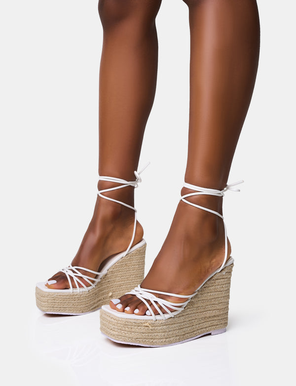 Public Desire Heated White Strappy Lace Up Jute Wedges