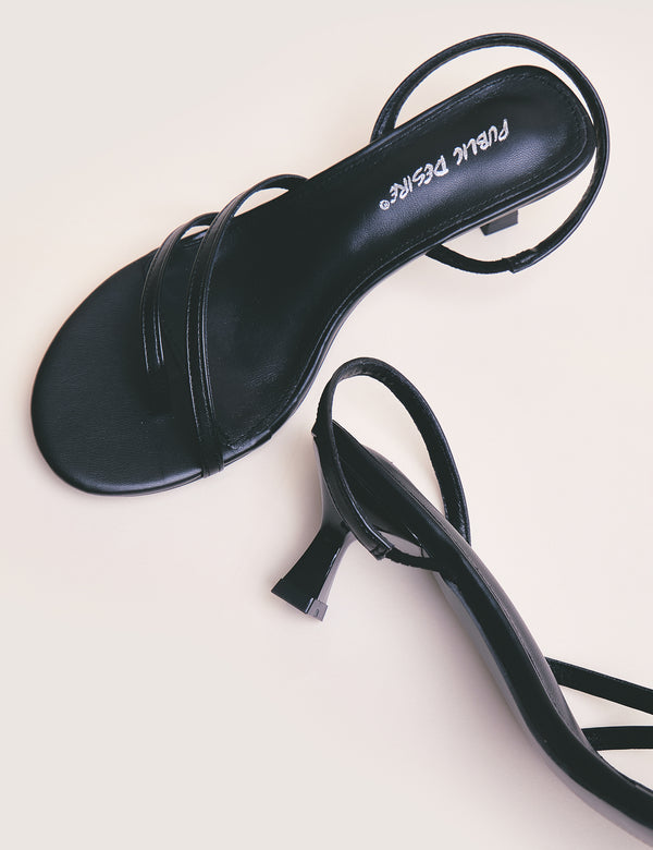 Public Desire Helios Black Pu Asymmetric Toe Strap Sling Back Mid Heels