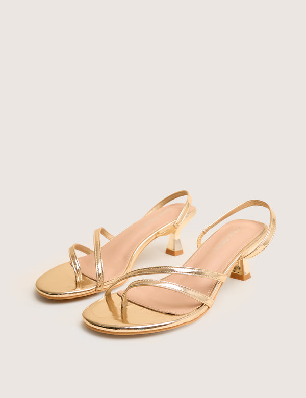 Public Desire Helios Gold Mirror Pu Asymmetric Toe Strap Sling Back Mid Heels