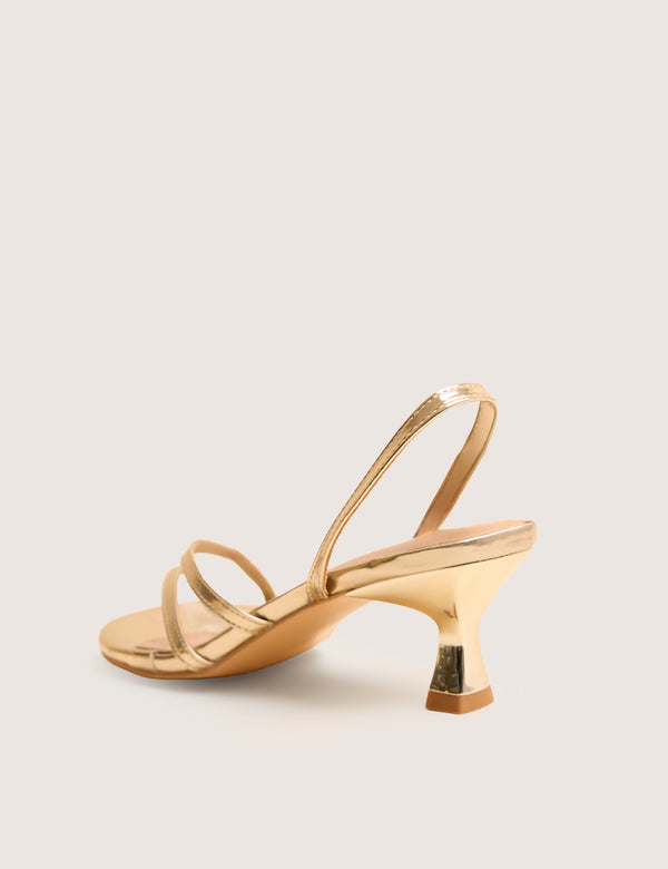 Public Desire Helios Gold Mirror Pu Asymmetric Toe Strap Sling Back Mid Heels