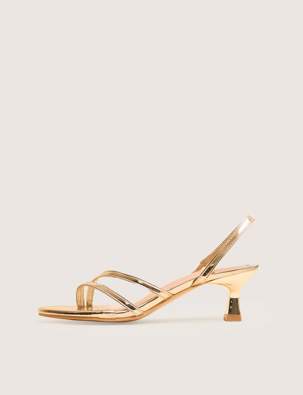 public desire Helios Gold Mirror Pu Asymmetric Toe Strap Sling Back Mid Heels