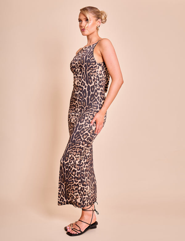 Public Desire High Neck Cowl Back Maxi Dress Leopard
