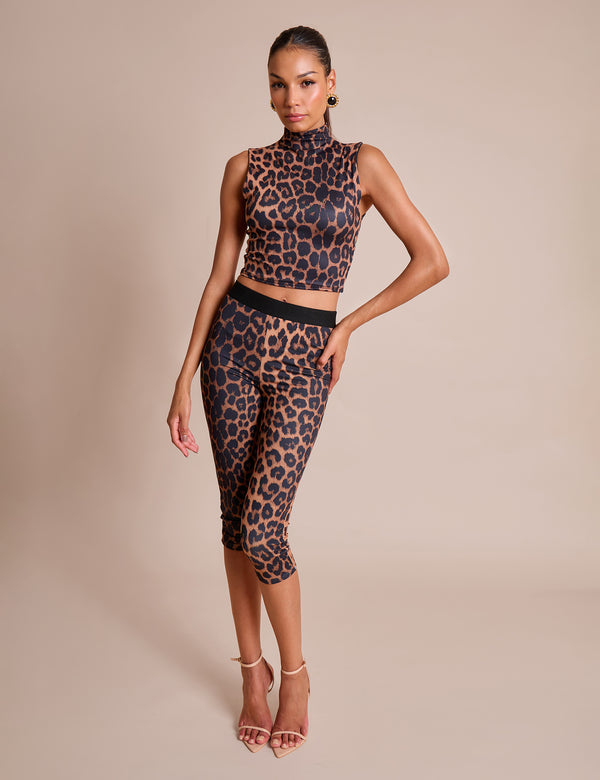 Public Desire High Neck Luxe Slinky Crop Top Leopard