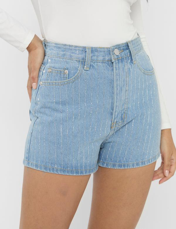Public Desire High Waist Diamante Embellished Shorts Light Blue