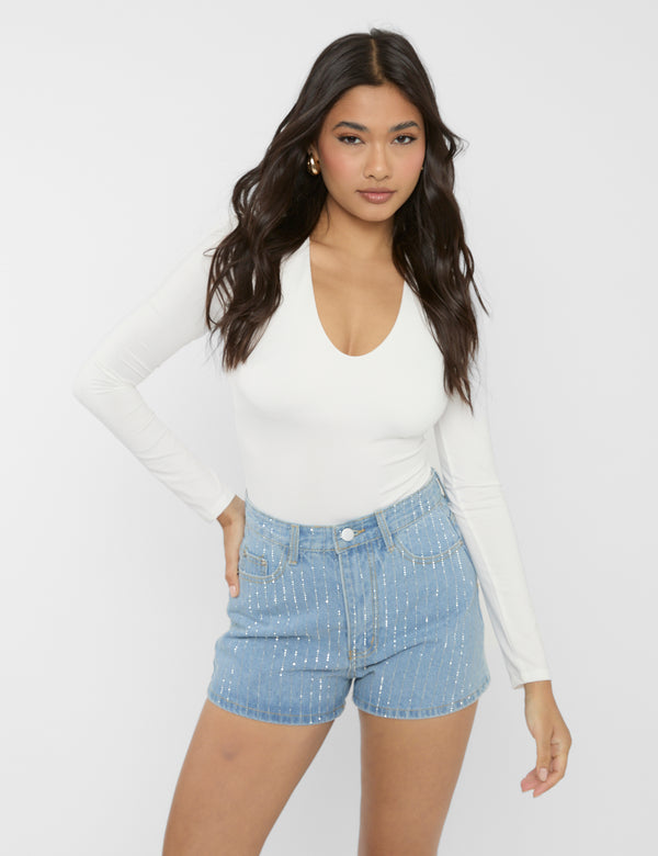 Public Desire High Waist Diamante Embellished Shorts Light Blue