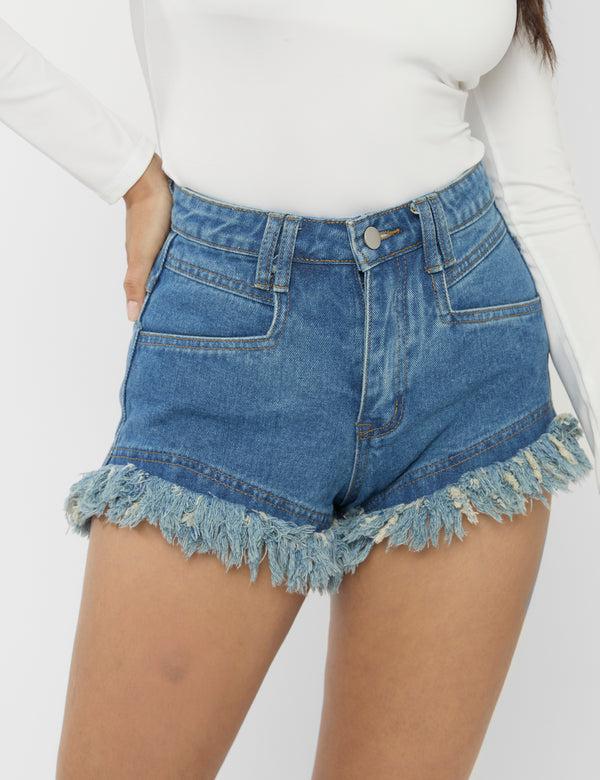 Public Desire High Waist Frayed Denim Shorts Light Blue