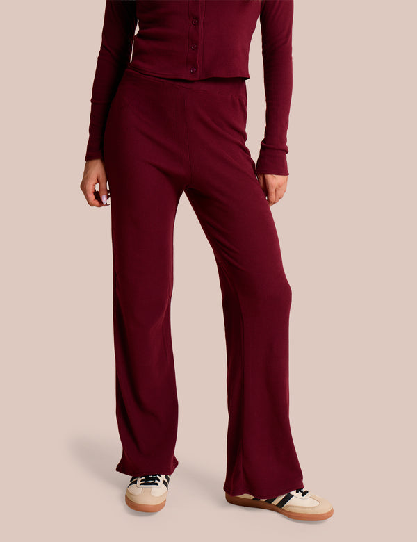 Public Desire High Waist Rib Wide Leg Trouser Burgundy