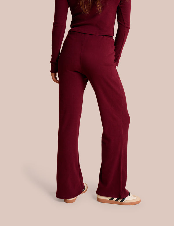 Public Desire High Waist Rib Wide Leg Trouser Burgundy