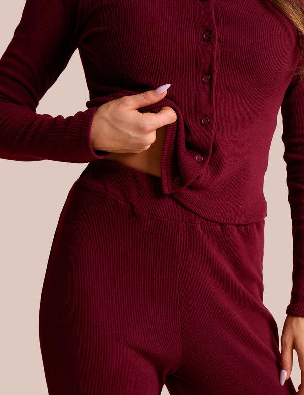 Public Desire High Waist Rib Wide Leg Trouser Burgundy