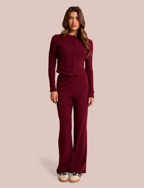 public desire High Waist Rib Wide Leg Trouser Burgundy