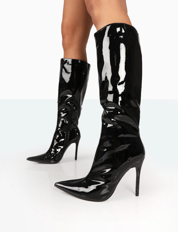 Public Desire Horizon Black Patent Stiletto Knee High Pointed Heeled Boots