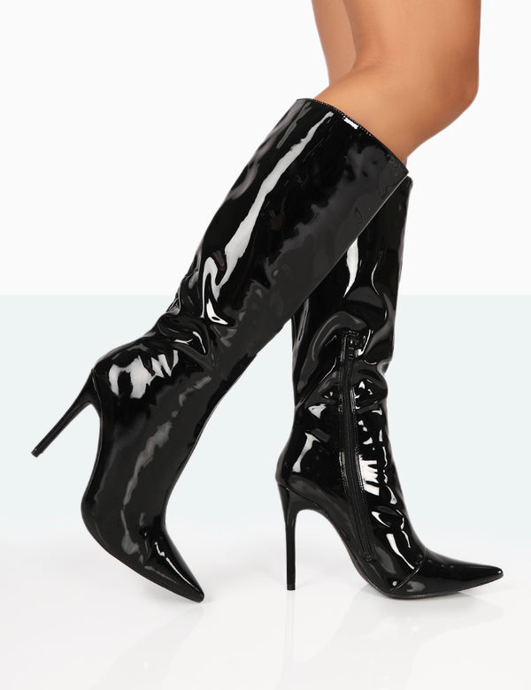 public desire Horizon Black Patent Stiletto Knee High Pointed Heeled Boots