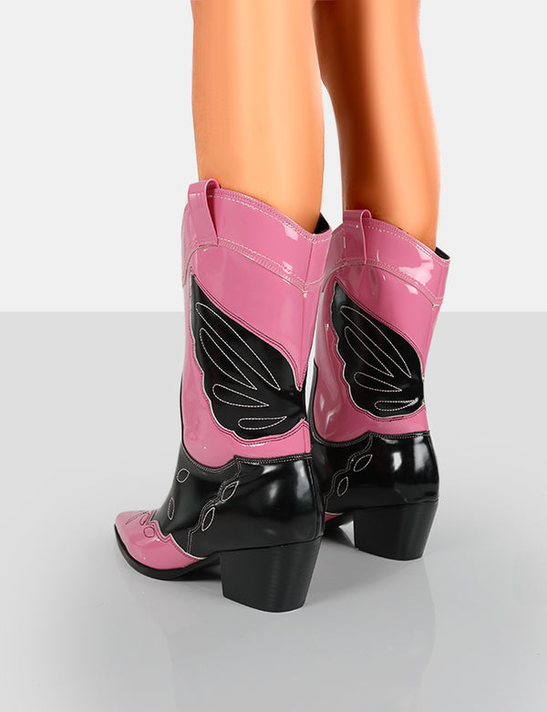 Public Desire Howdy Pink Patent Pointed Toe Western Cowboy Block Ankle Boots