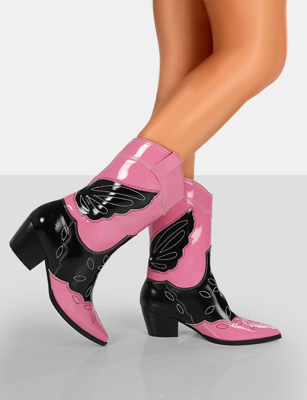 Public Desire Howdy Pink Patent Pointed Toe Western Cowboy Block Ankle Boots