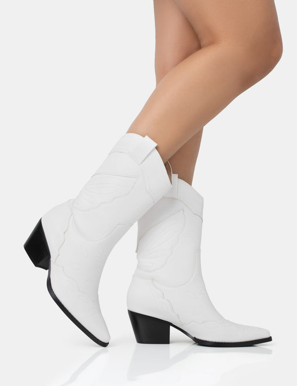 Public Desire Howdy White Pu Pointed Toe Western Cowboy Block Ankle Boots