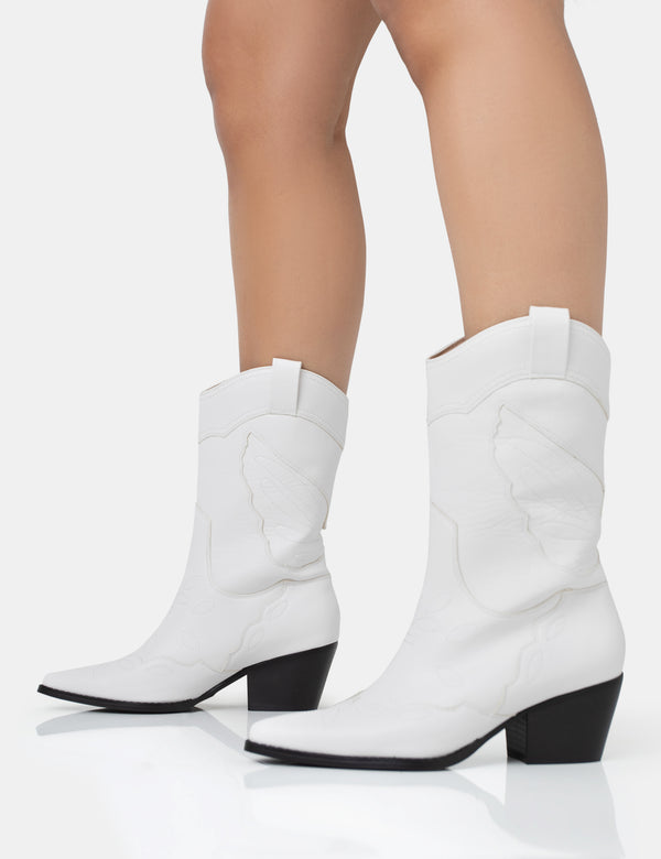 Public Desire Howdy White Pu Pointed Toe Western Cowboy Block Ankle Boots