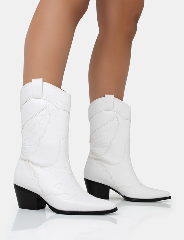 public desire Howdy White Pu Pointed Toe Western Cowboy Block Ankle Boots