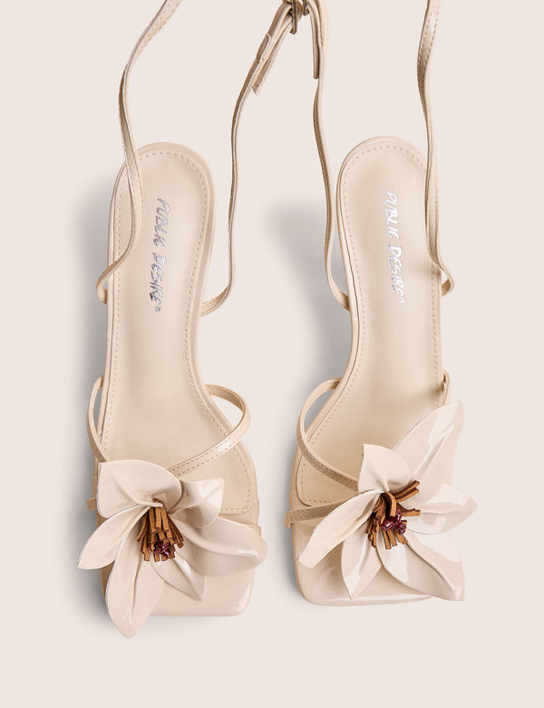 Public Desire Hydrangea Wide Fit Stone Patent Flower Barely There Square Toe Mid Heels